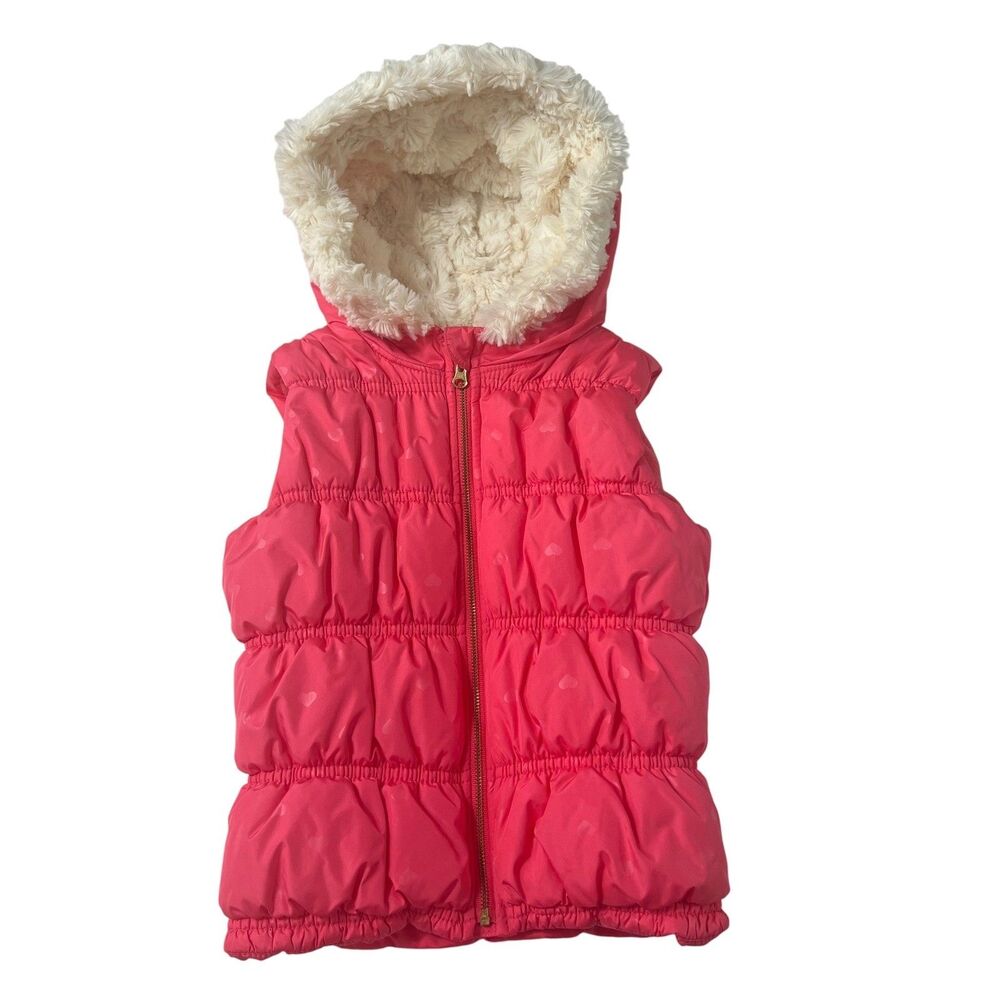 Old Navy Girls Pink Heart Puffer Vest Faux Fur Hood Fleece Lined 5T Fall
